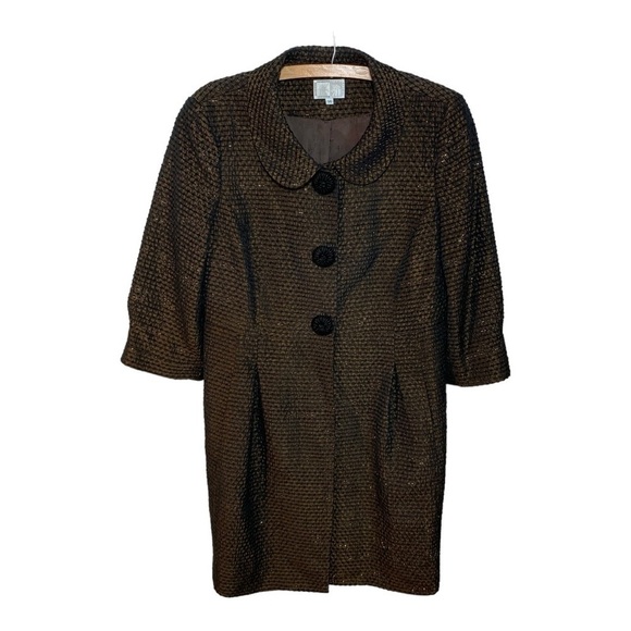 Alberto Makali Brown & Black Pleated Dress Coat w Peter Pan Collar - Size 14 - Picture 1 of 9